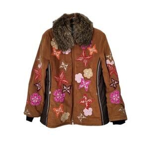 $2500 Bogner VTG Leather Down Handmade Embroider Ski Jacket Coat Brown Sz 10
